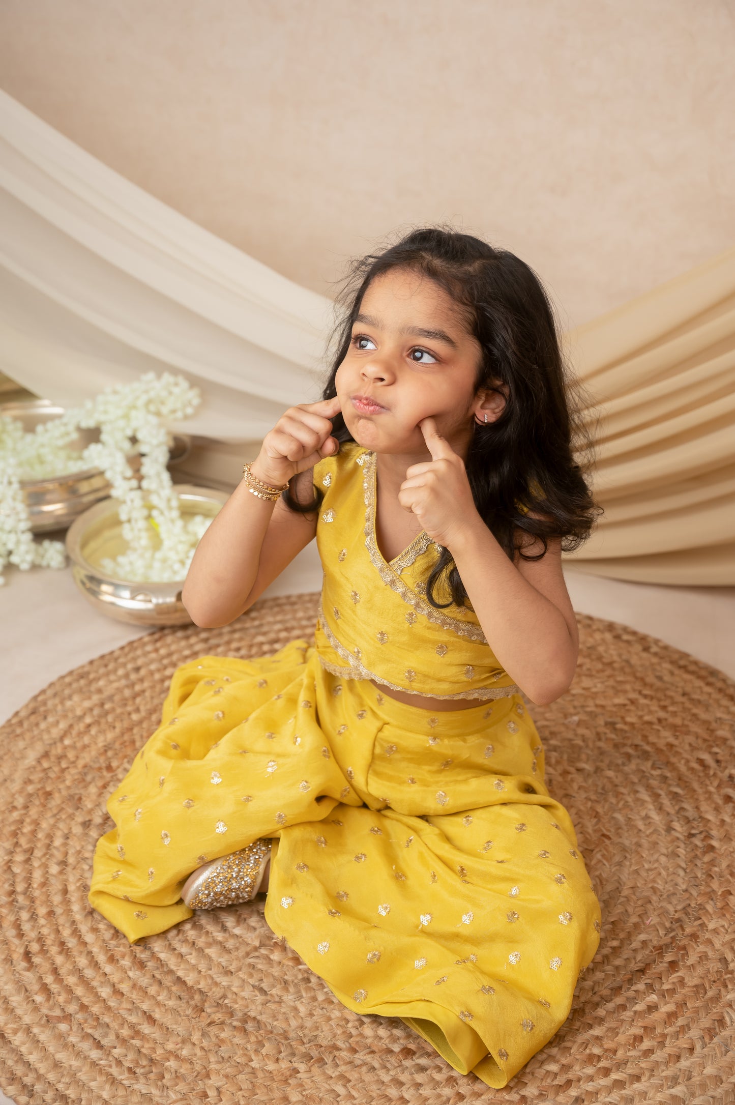 Yellow Silk Tissue Palazzo Set with Sequin Lace Finish
