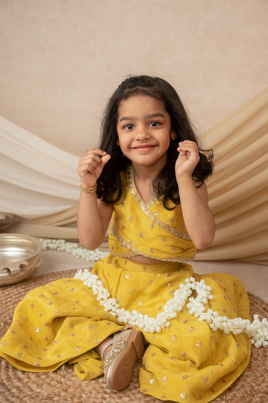 Yellow Silk Tissue Palazzo Set with Sequin Lace Finish