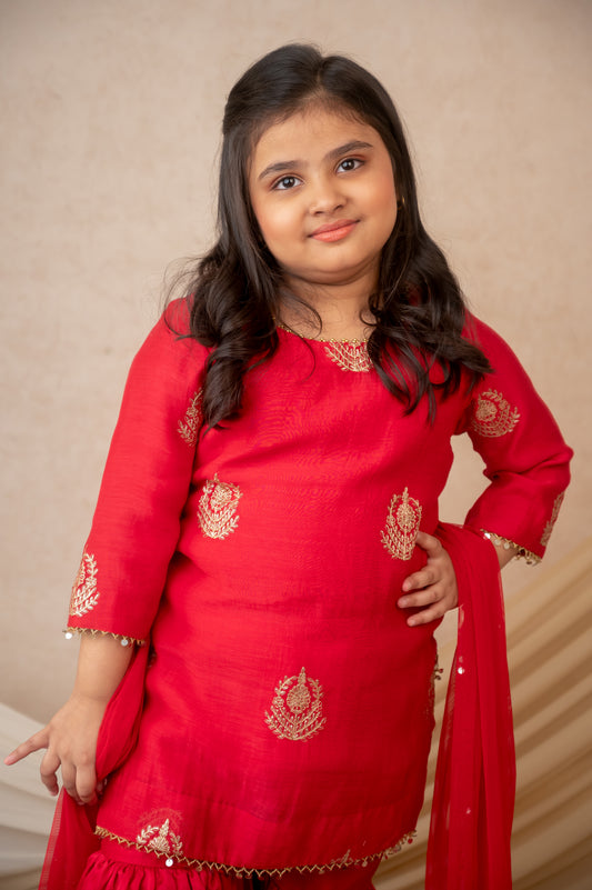 Red Mukaish Booti Kurta Garara Set with Dupatta