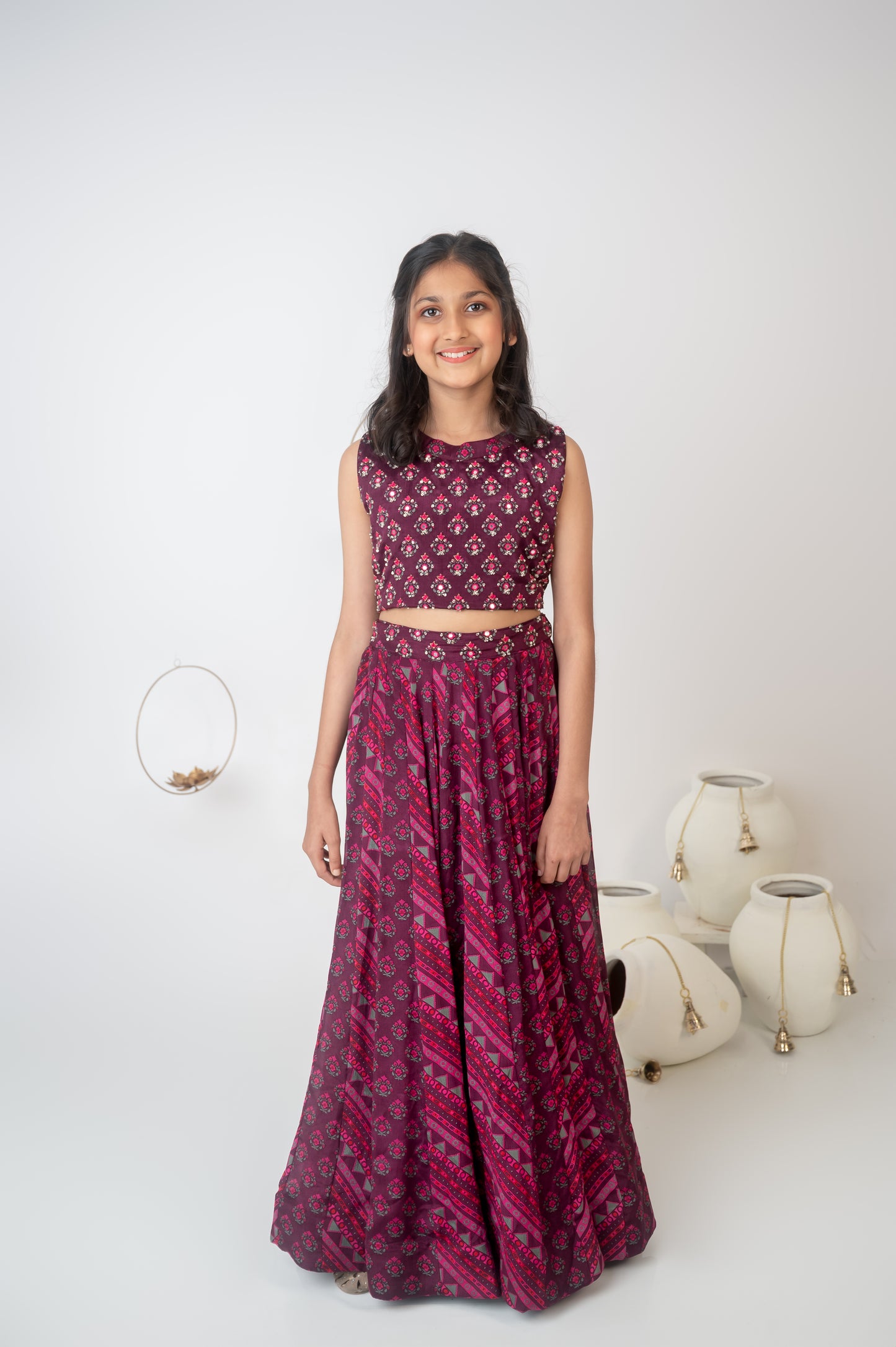 Vine Printed Muslin Crop Top & Skirt Set