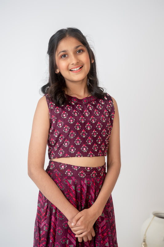 Vine Printed Muslin Crop Top & Skirt Set