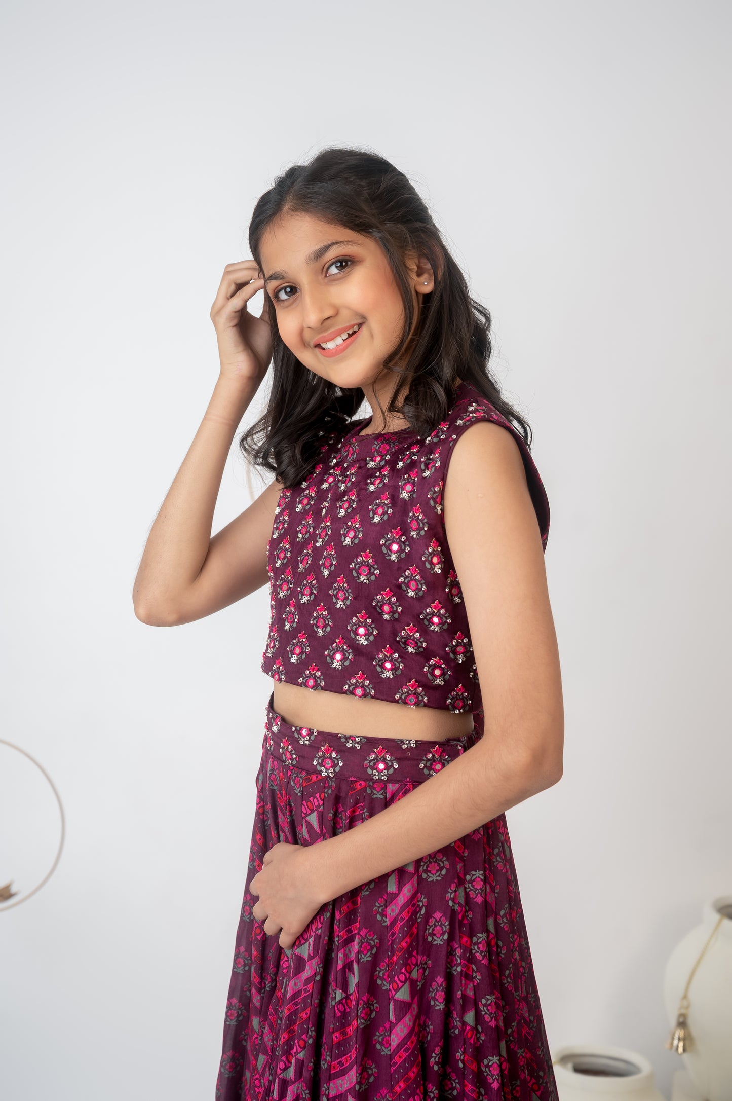 Vine Printed Muslin Crop Top & Skirt Set
