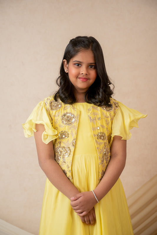 Yellow Organza Gown with Embroidered Jacket