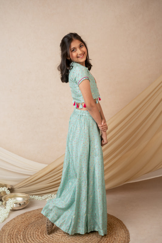 Blue Benarasi Silk Palazzo Set with Hand Embroidery & Tassels