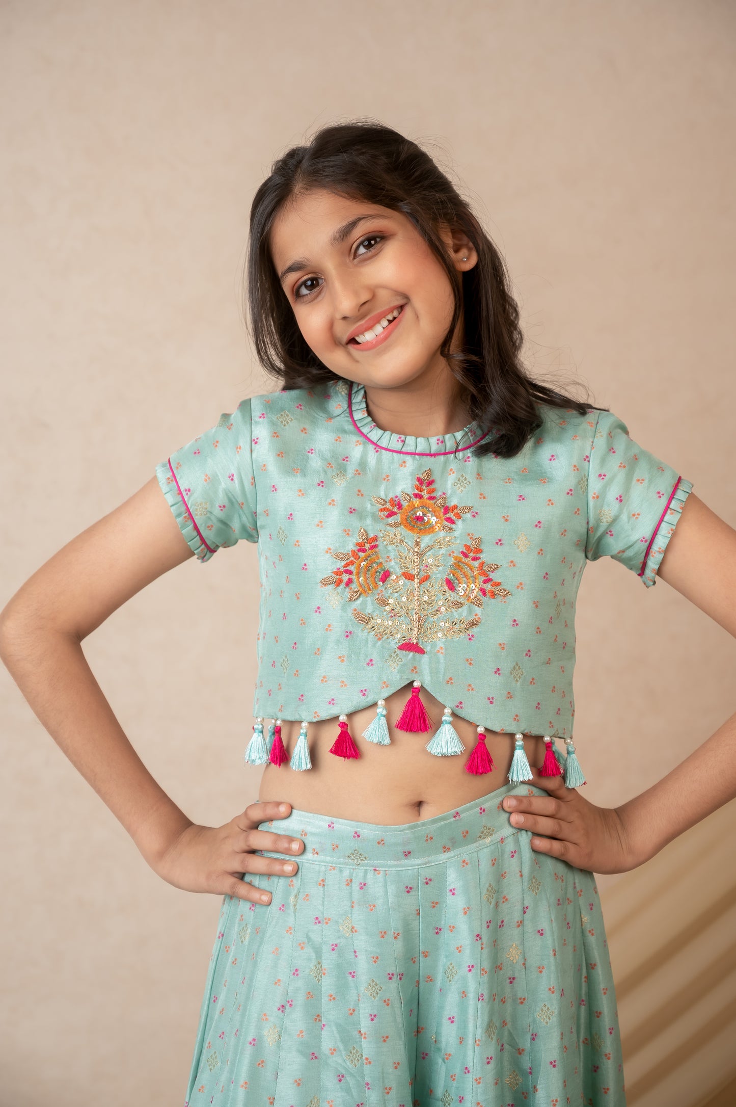Blue Benarasi Silk Palazzo Set with Hand Embroidery & Tassels