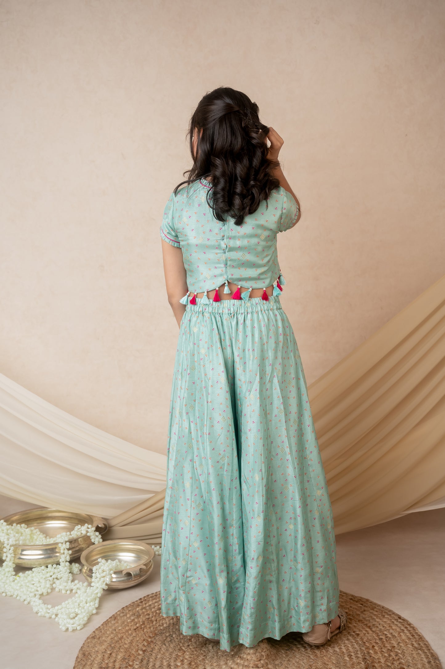 Blue Benarasi Silk Palazzo Set with Hand Embroidery & Tassels