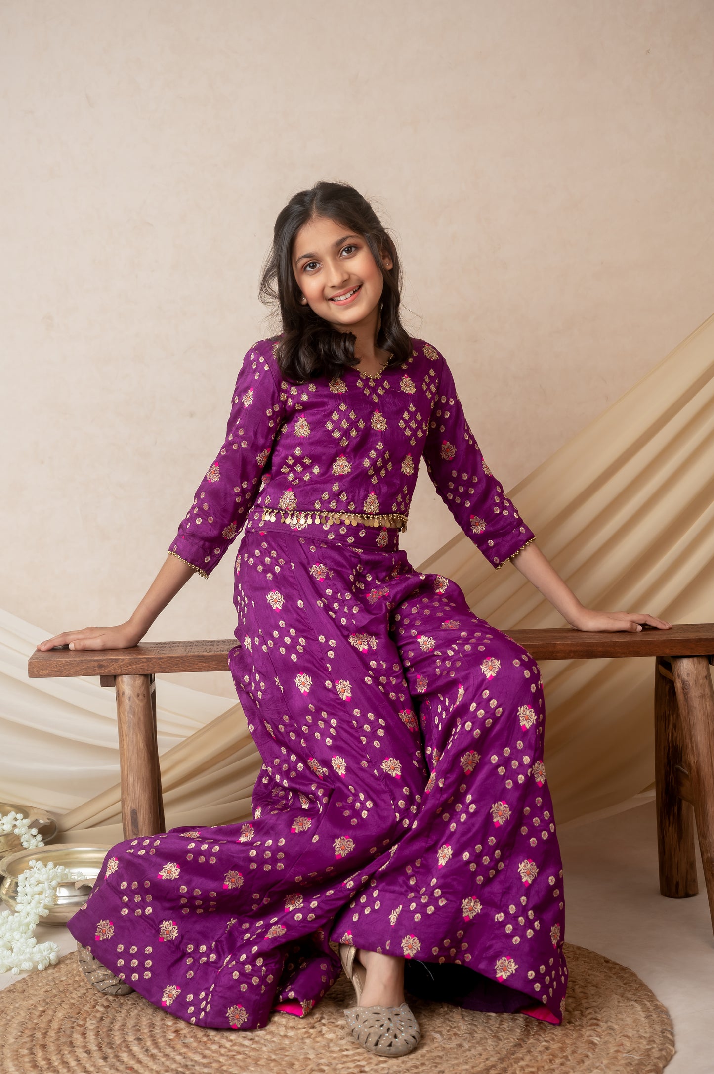 Magenta Benarasi Silk Palazzo Set with Moti & Zari Embellishment