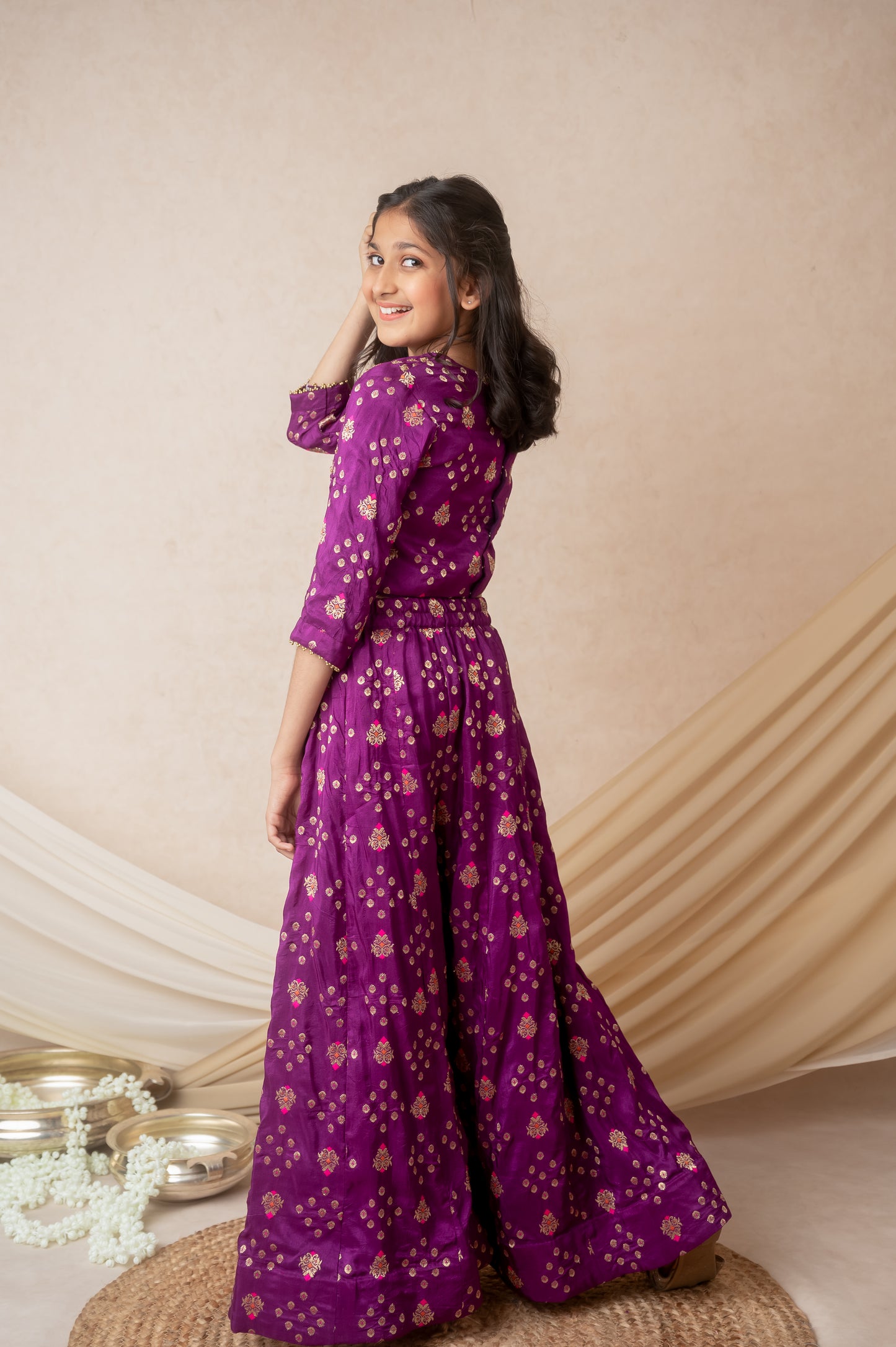 Magenta Benarasi Silk Palazzo Set with Moti & Zari Embellishment
