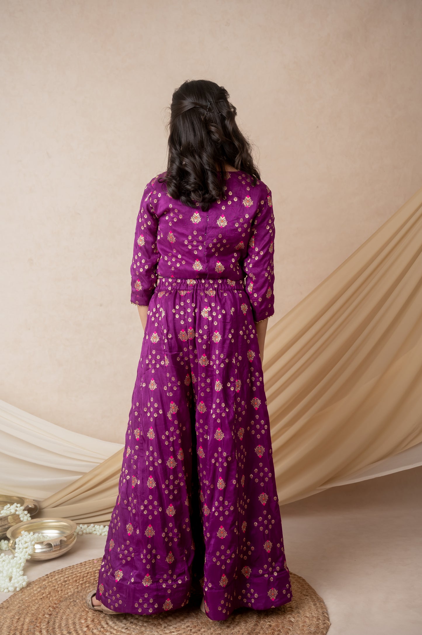 Magenta Benarasi Silk Palazzo Set with Moti & Zari Embellishment