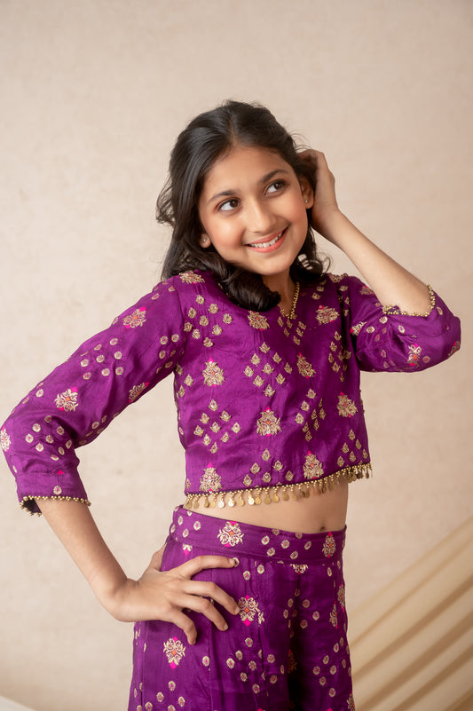 Magenta Benarasi Silk Palazzo Set with Moti & Zari Embellishment