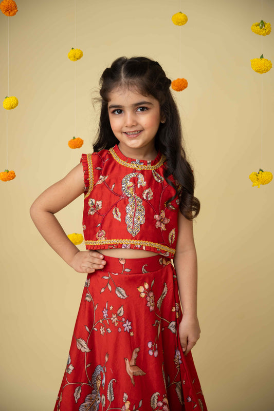 Red Pleated Neck Chanderi Top with Ghagra Set