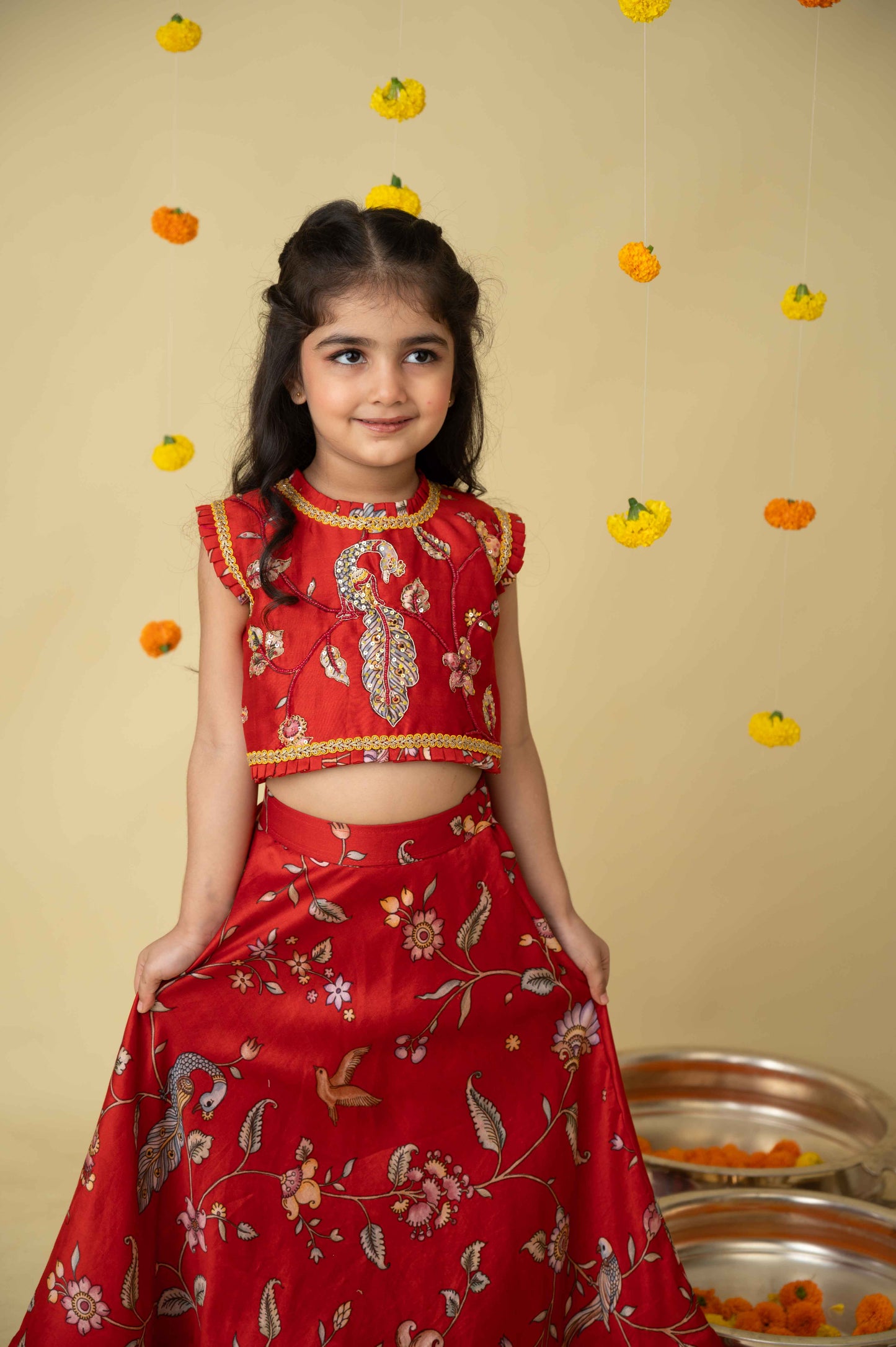Red Pleated Neck Chanderi Top with Ghagra Set