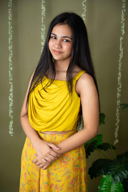 Yellow Printed Cowl Neck Palazzo Set