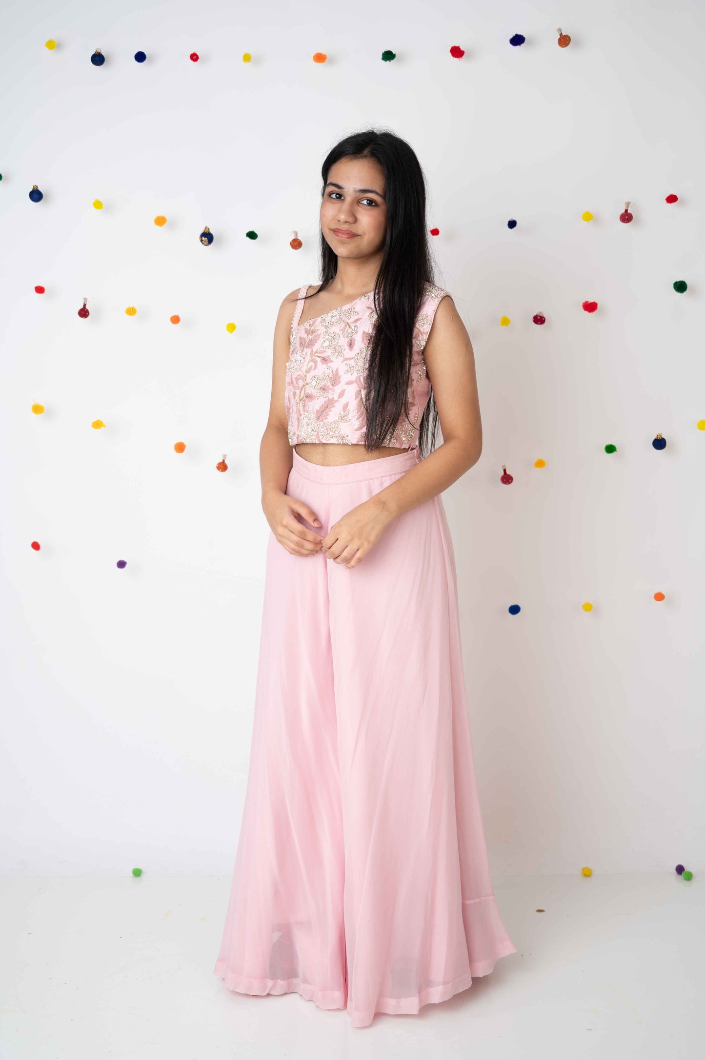 Pink One-Shoulder Embroidered Crop Top with Palazzo