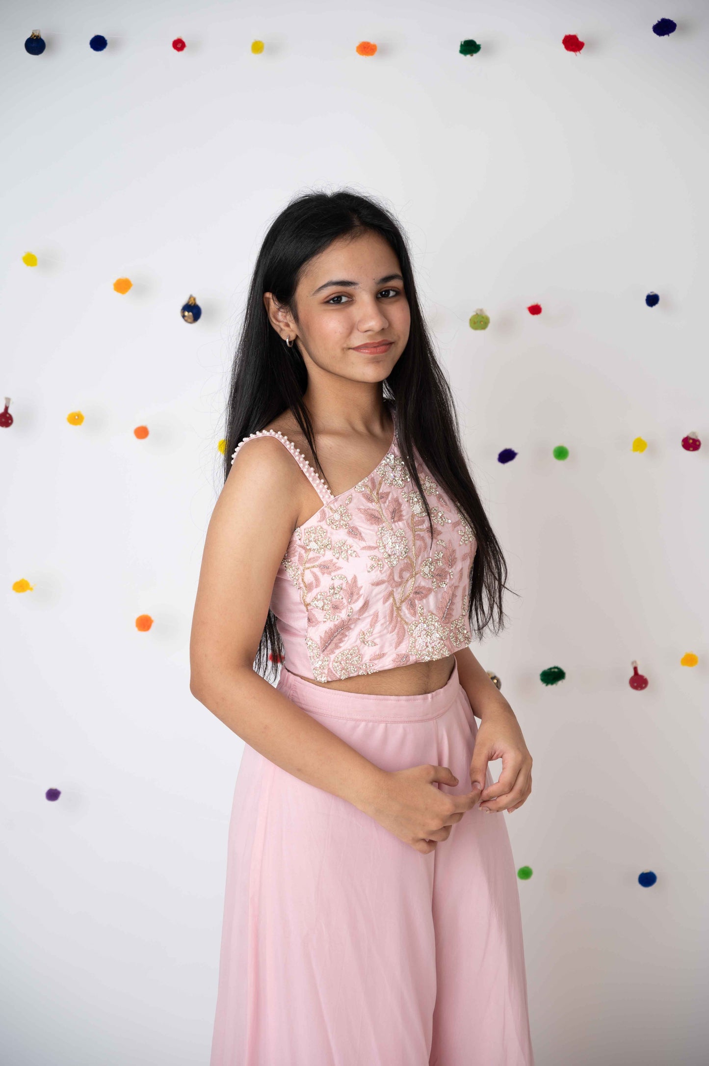 Pink One-Shoulder Embroidered Crop Top with Palazzo