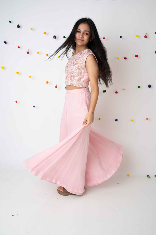 Pink One-Shoulder Embroidered Crop Top with Palazzo