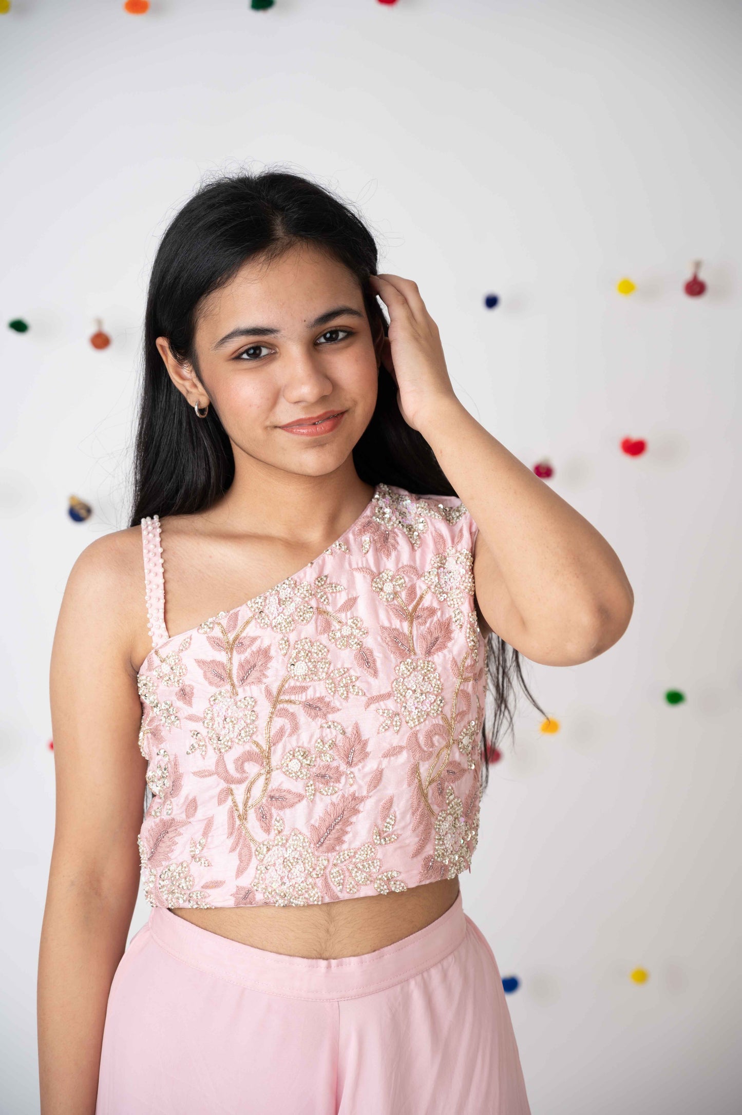Pink One-Shoulder Embroidered Crop Top with Palazzo