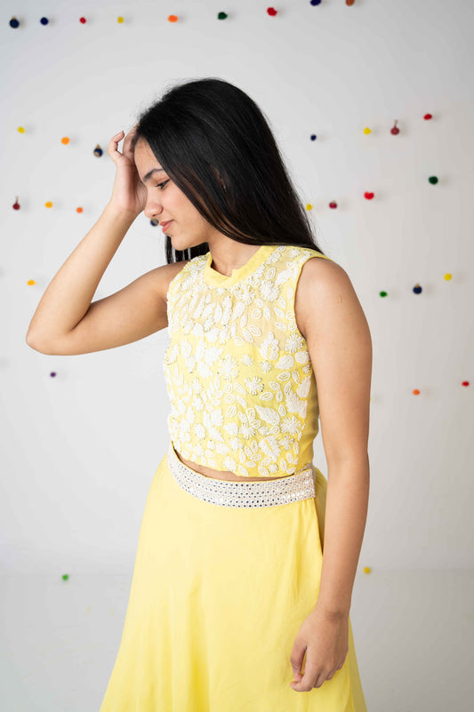 Yellow Pearl Embroidered Halter Top with Layered Skirt