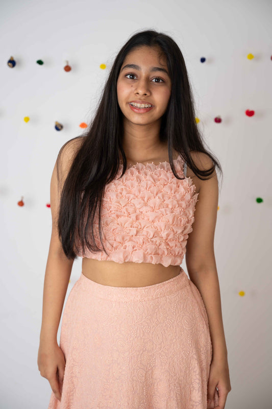 Peach Hand-Embroidered Crop Top with Flowy Skirt