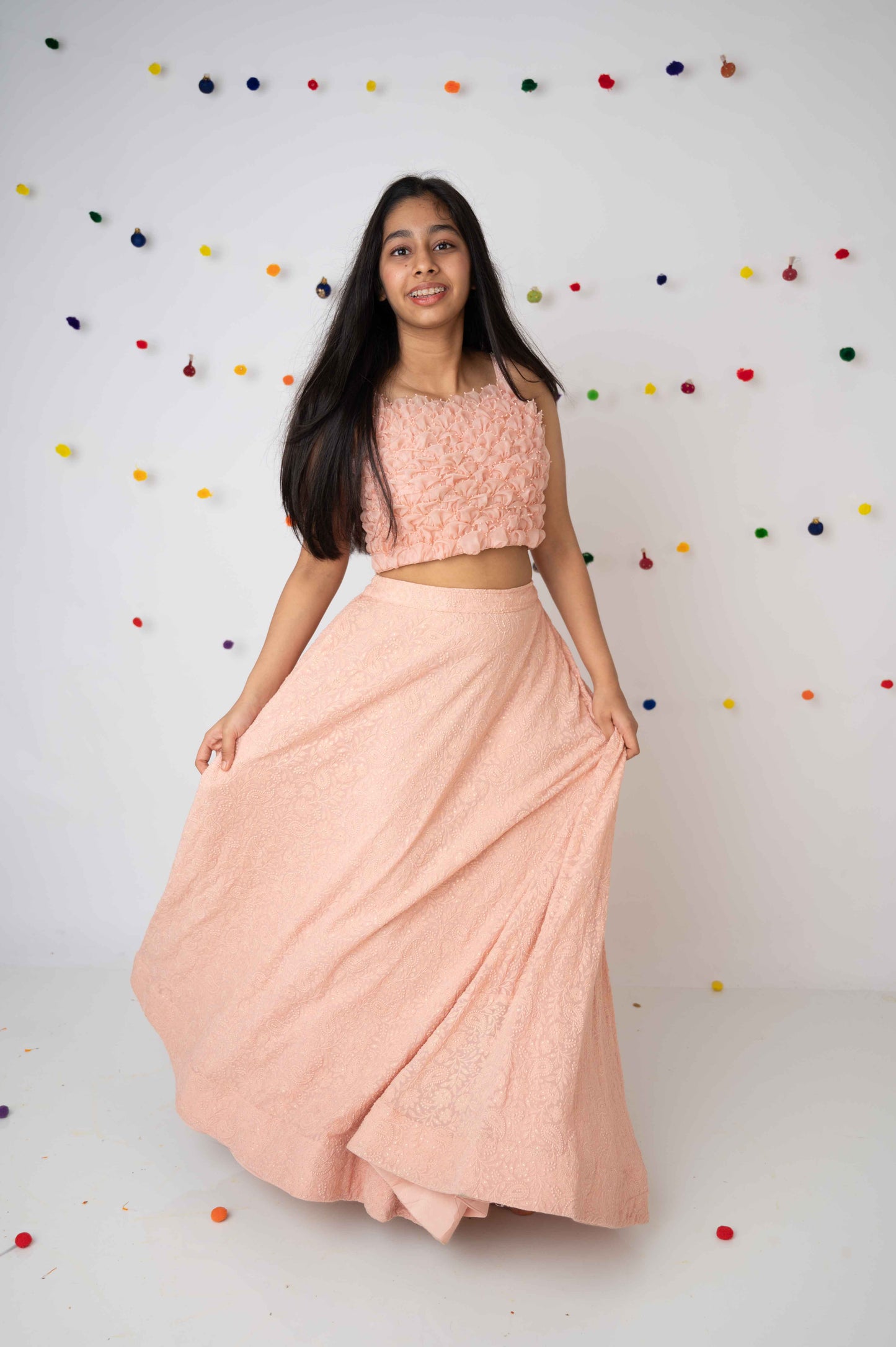 Peach Hand-Embroidered Crop Top with Flowy Skirt