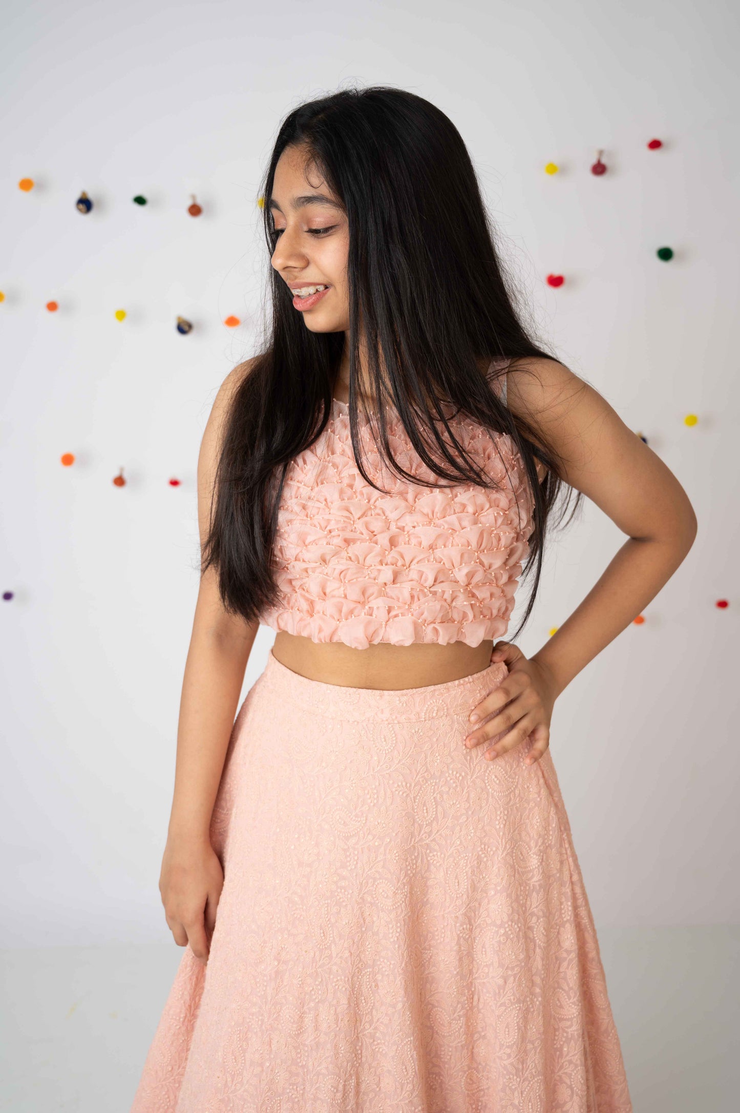 Peach Hand-Embroidered Crop Top with Flowy Skirt