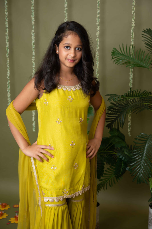 Green Gota Hand Embroidered Kurta Garara Set