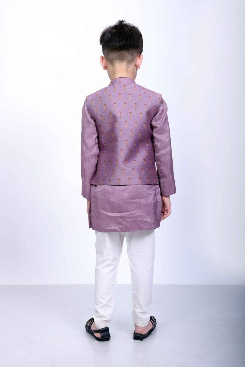 Lavender Chanderi Silk Kurta Set with Printed Bundi