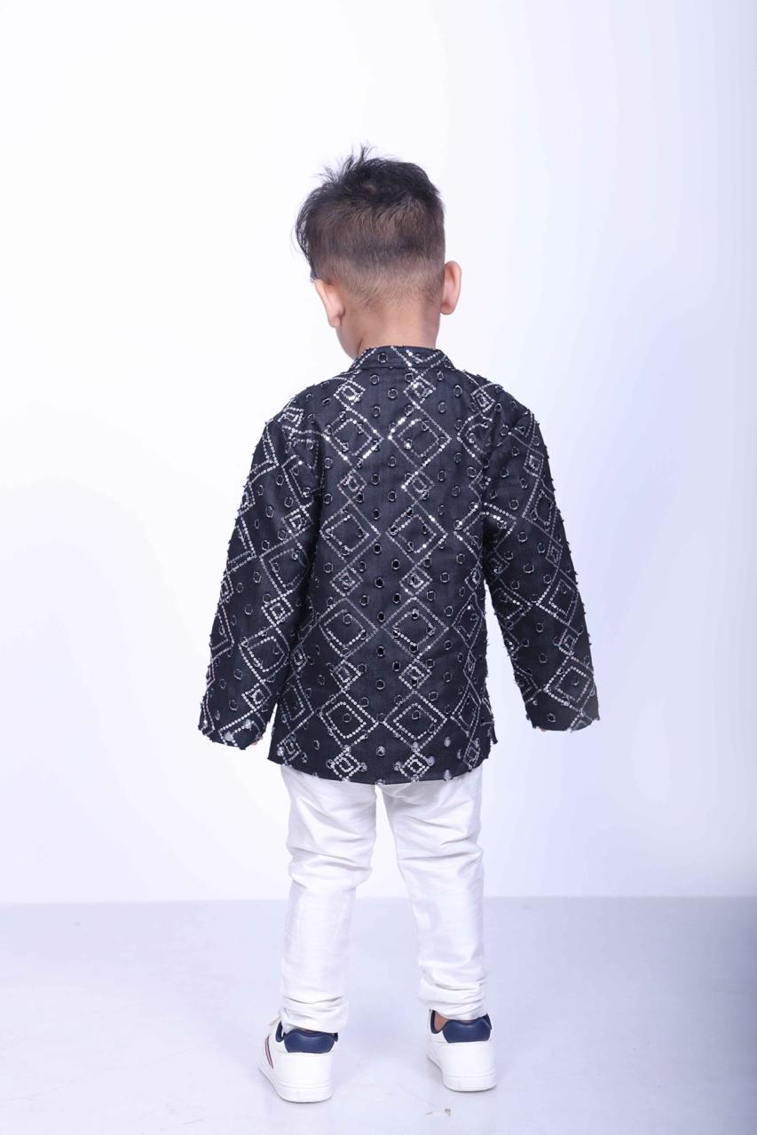 Midnight Black Cotton Denim Bandhgala Set