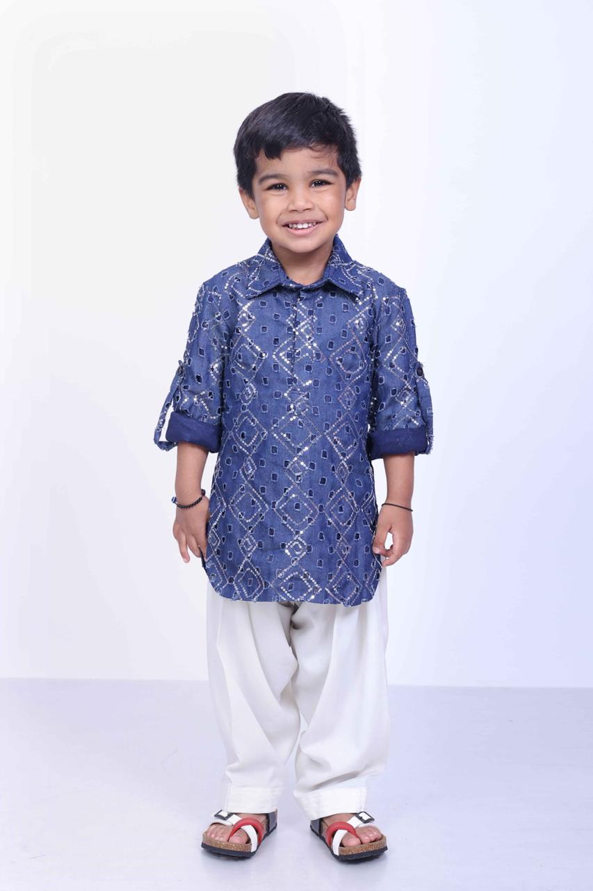 Indigo Blue Cotton Denim Pathani Set