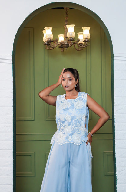 Gulaab Embroidered Organza Top with Flared Palazzo & Bustier Set
