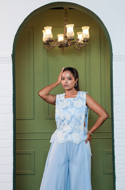 Gulaab Embroidered Organza Top with Flared Palazzo & Bustier Set