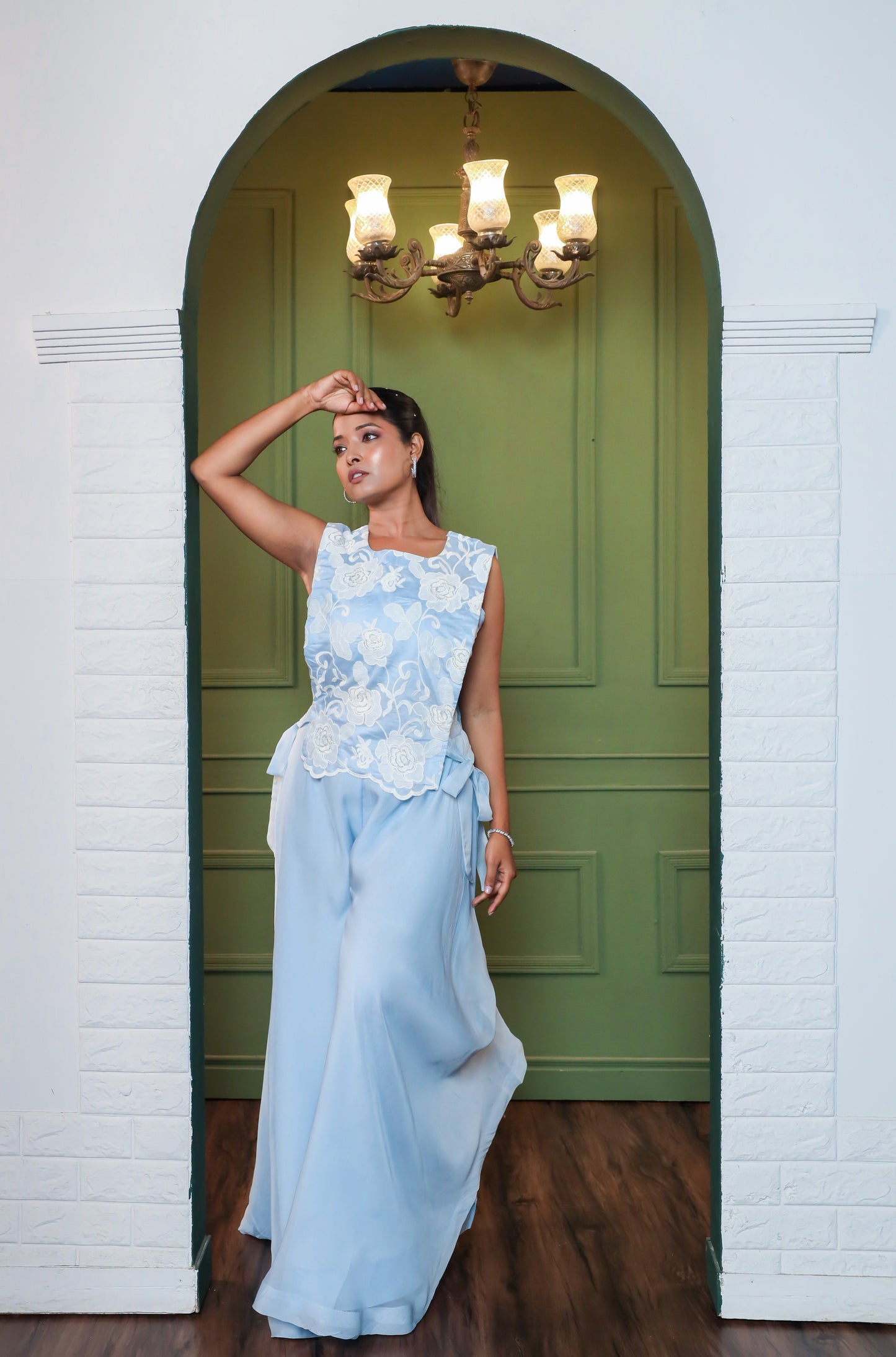 Gulaab Embroidered Organza Top with Flared Palazzo & Bustier Set