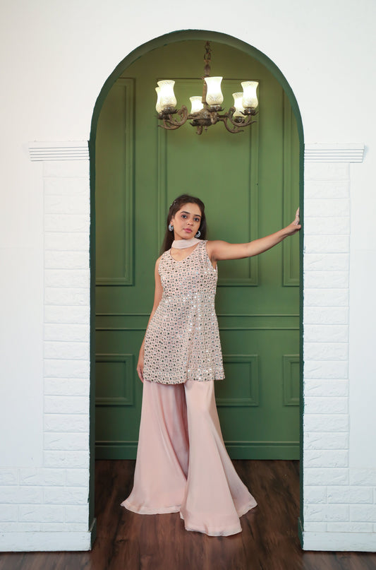 Sitara Mirror Work Peplum Kurta with Organza Palazzo Set