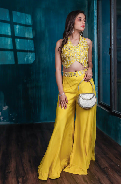 Inaya Halter Neck Embroidered Crop Top with Flared Organza Palazzo Set