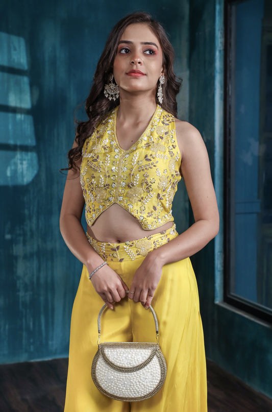 Inaya Halter Neck Embroidered Crop Top with Flared Organza Palazzo Set