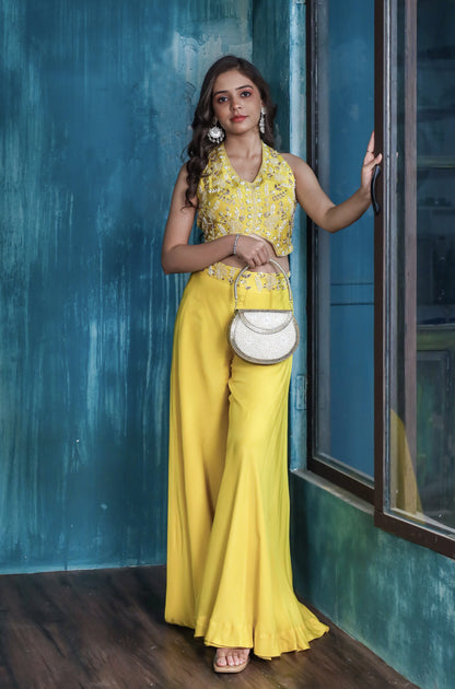 Inaya Halter Neck Embroidered Crop Top with Flared Organza Palazzo Set