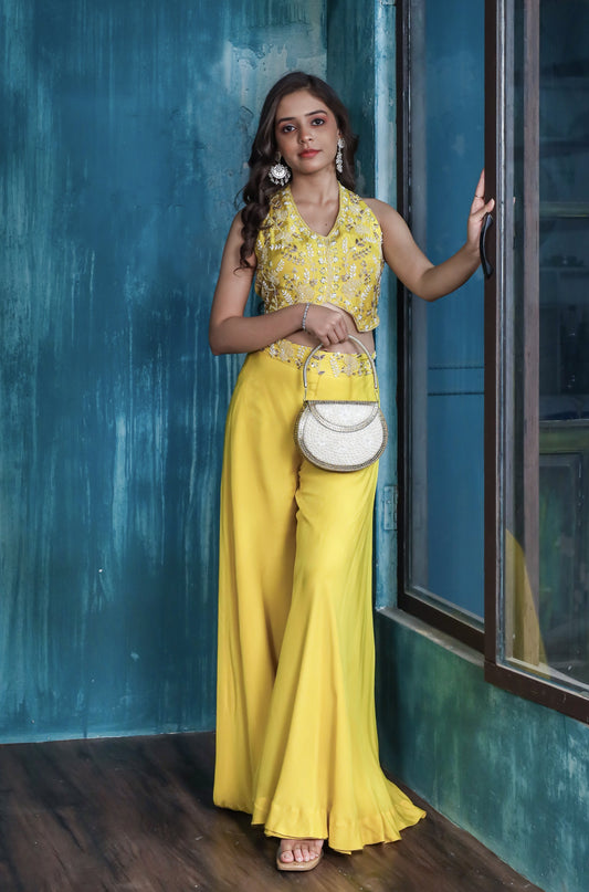 Inaya Halter Neck Embroidered Crop Top with Flared Organza Palazzo Set
