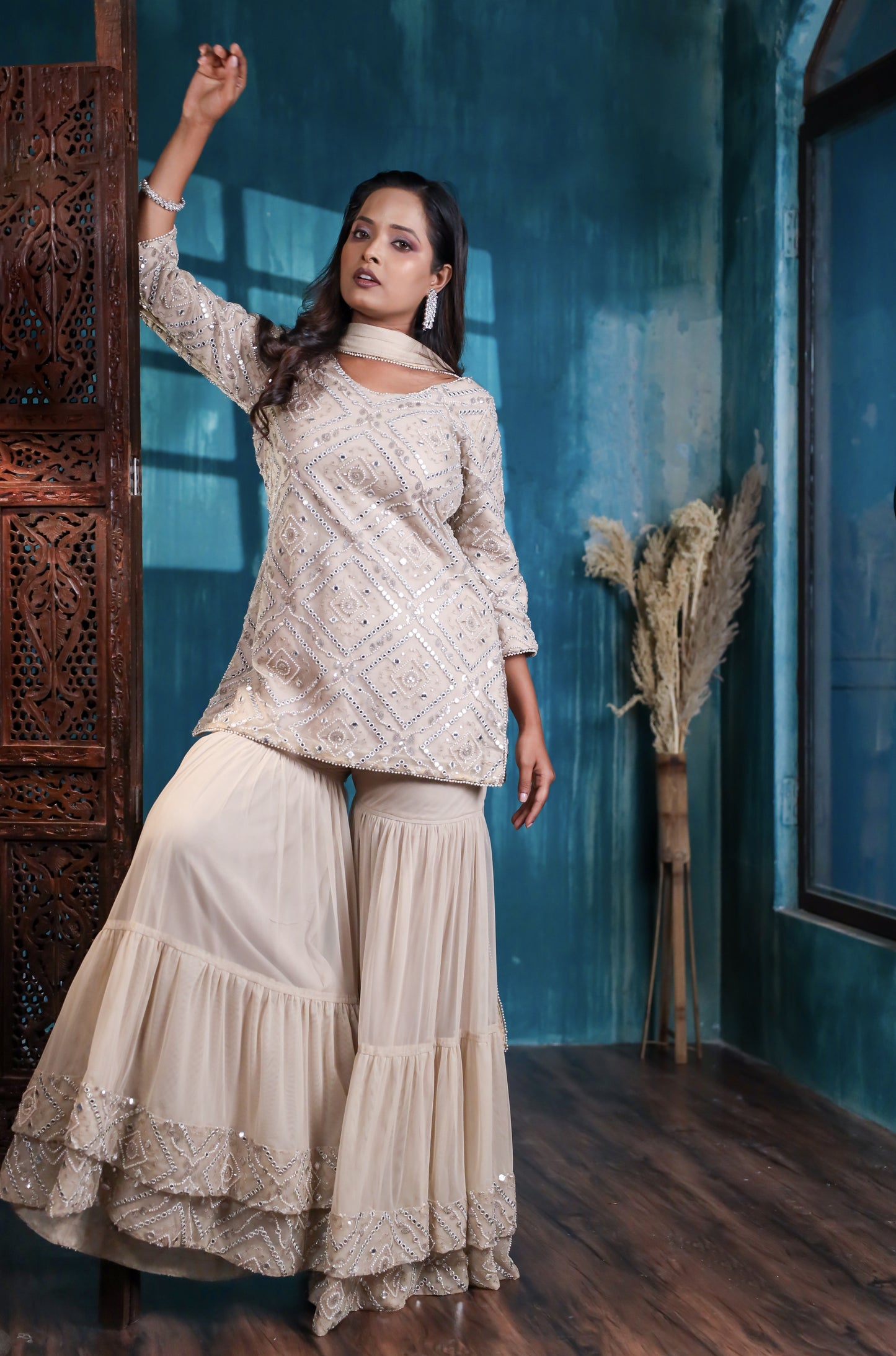Ziva Mirror & Zari Peplum Kurta with Double-Layered Garara Set