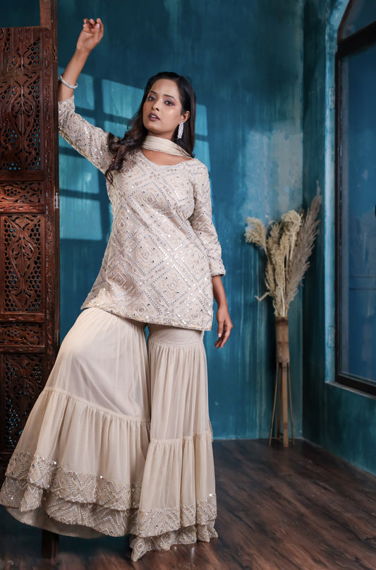 AD-4Mirror & Zari Peplum Kurta with Double-Layered Garara Set