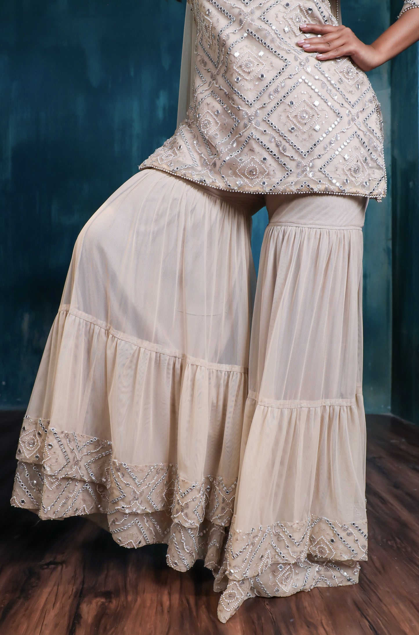 Ziva Mirror & Zari Peplum Kurta with Double-Layered Garara Set