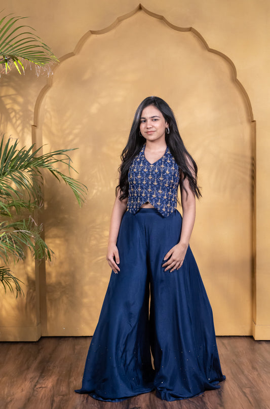 Ambar Halter Neck Embroidered Crop Top with Flared Palazzo Set