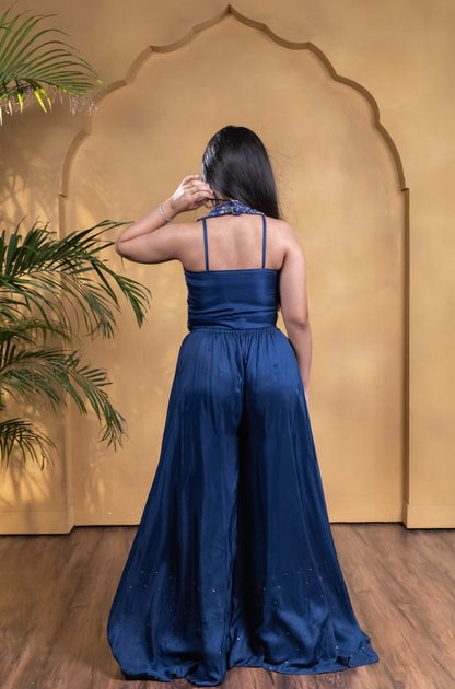 Ambar Halter Neck Embroidered Crop Top with Flared Palazzo Set