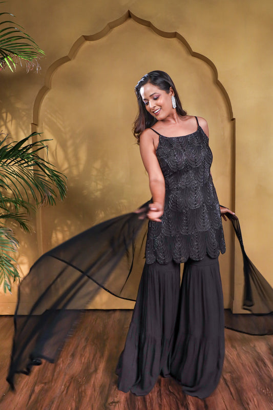 Zoya Cutdana Embroidered Spaghetti Kurta with Layered Garara Set