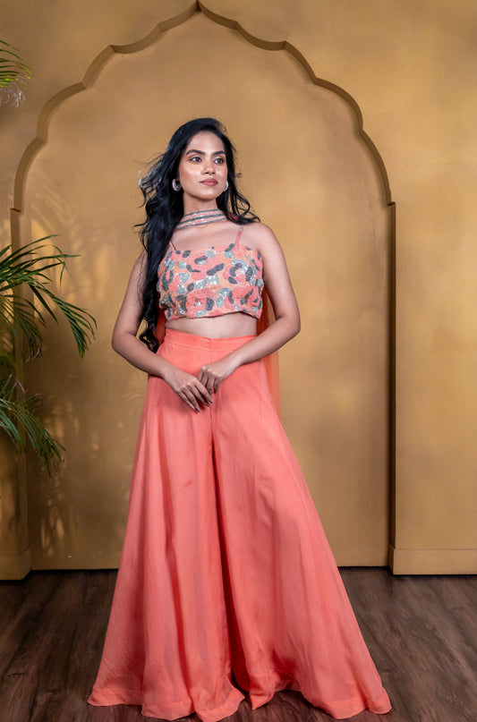 Surkh Embroidered Organza Top with Flared Palazzo Set