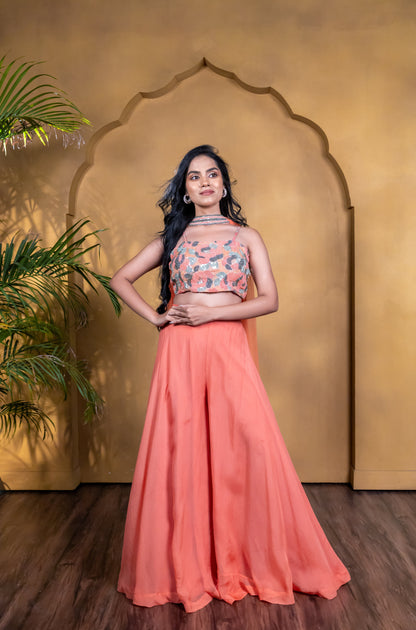 Surkh Embroidered Organza Top with Flared Palazzo Set