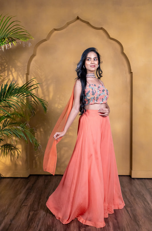Surkh Embroidered Organza Top with Flared Palazzo Set