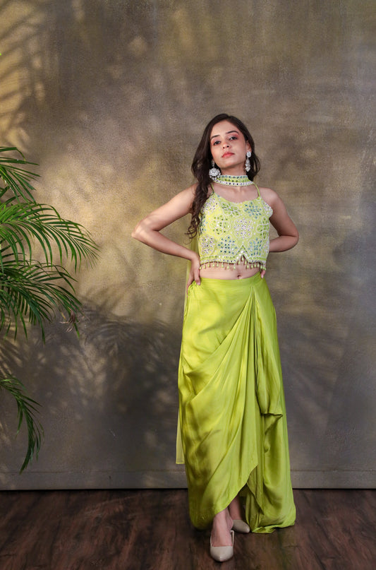 Panna Mirror Embroidered Crop Top with Pull-Up Skirt Set