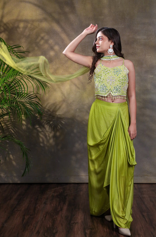 Panna Mirror Embroidered Crop Top with Pull-Up Skirt Set