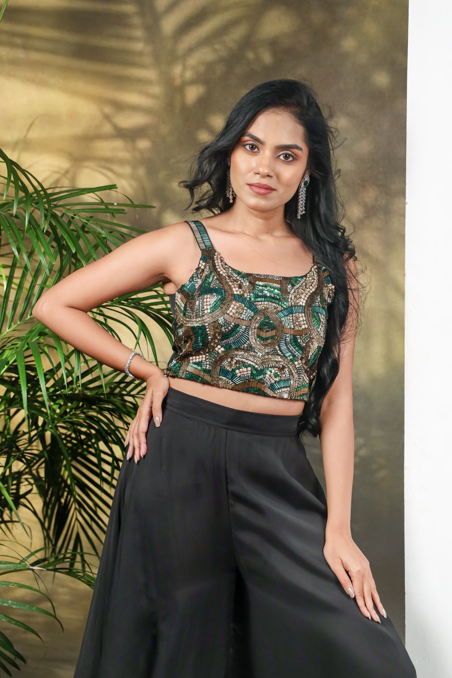 Zoya Embroidered Spaghetti Top with Flared Organza Palazzo Set