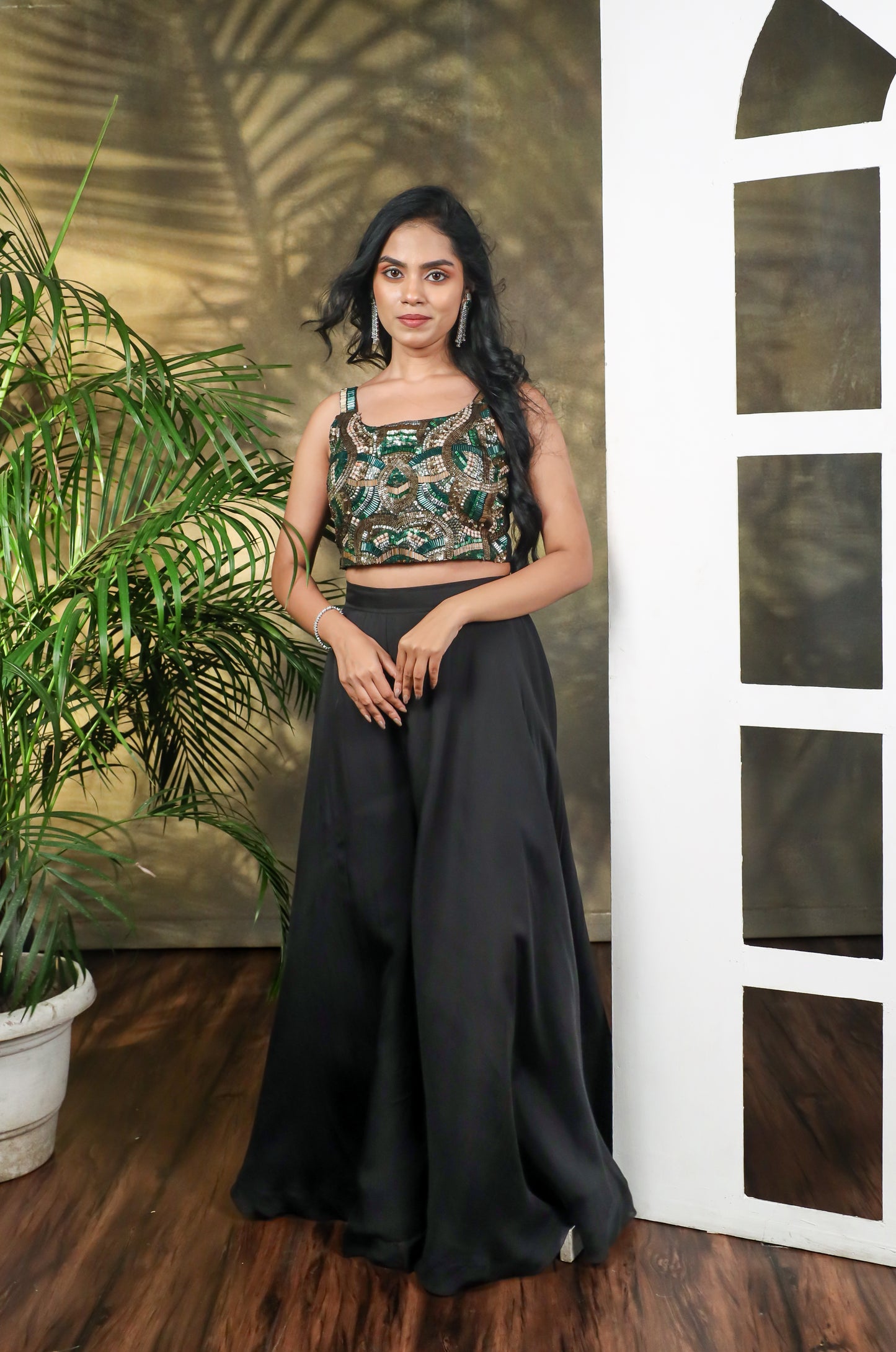 Zoya Embroidered Spaghetti Top with Flared Organza Palazzo Set